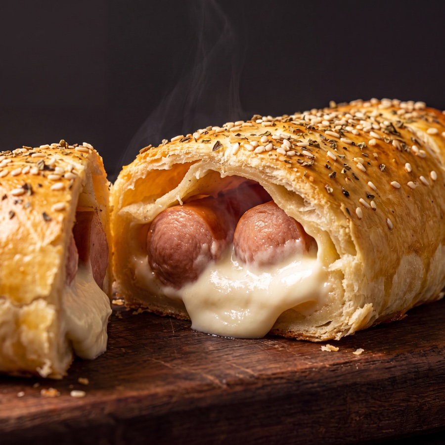 Enrolado de Salsicha com catupiry e cheddar