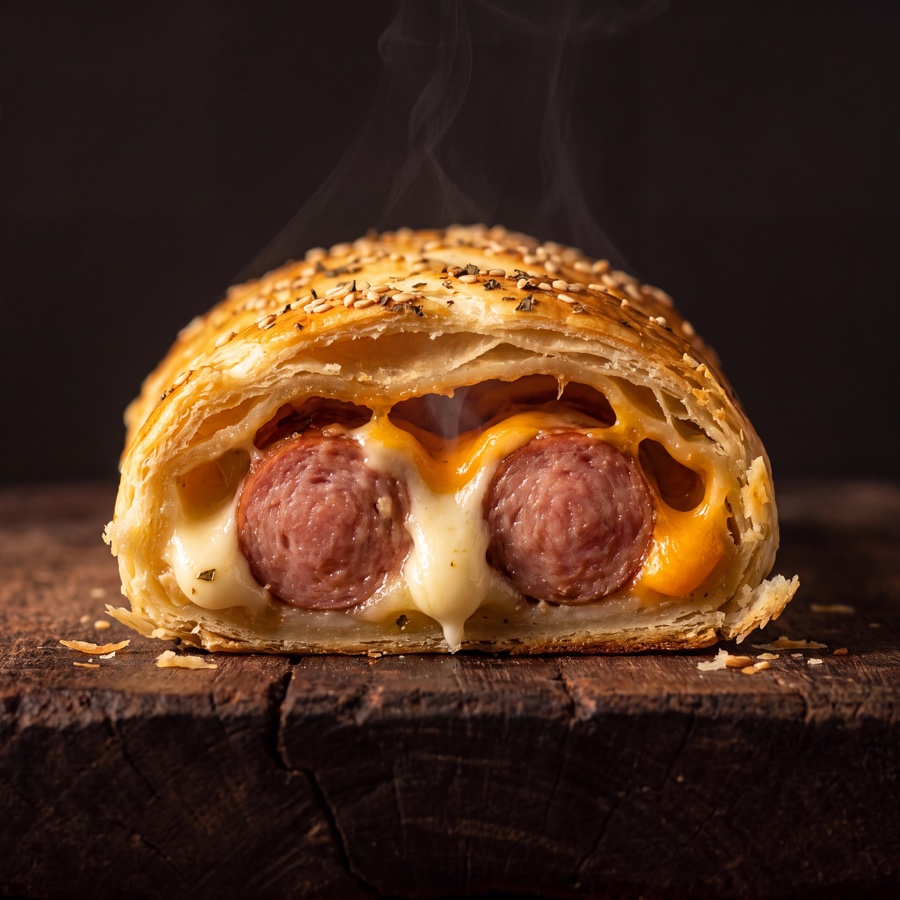 Enrolado de Salsicha com catupiry e cheddar
